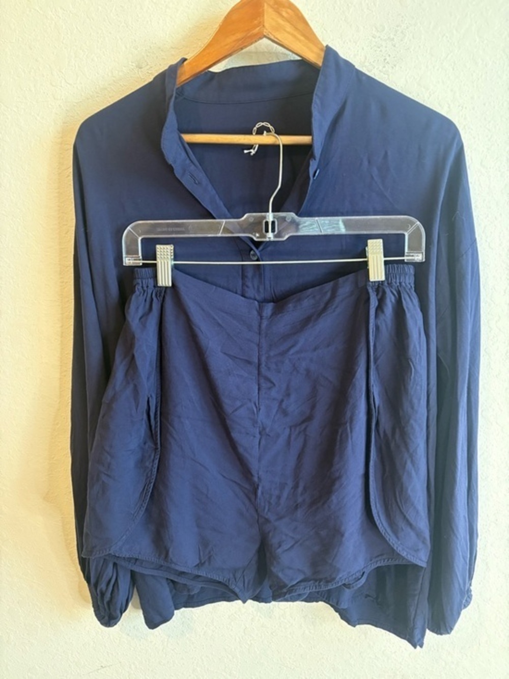 Sol Sleepwear Navy Blue Long Sleeve Button Down Top And Shorts Sleep/ Lounge Set